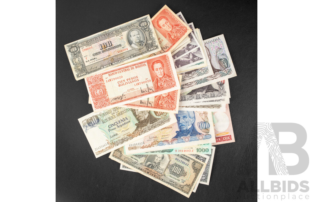 Collection of International Currency Including KGVI/QE2 Coins, New Zealand, United Kingdom, Peru, Vintage South American Banknotes Including Bolivia, Argentina, Peru, Ecuador, Vezezuea