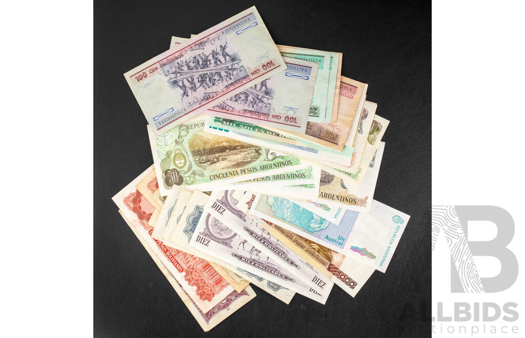 Collection of International Currency Including KGVI/QE2 Coins, New Zealand, United Kingdom, Peru, Vintage South American Banknotes Including Bolivia, Argentina, Peru, Ecuador, Vezezuea