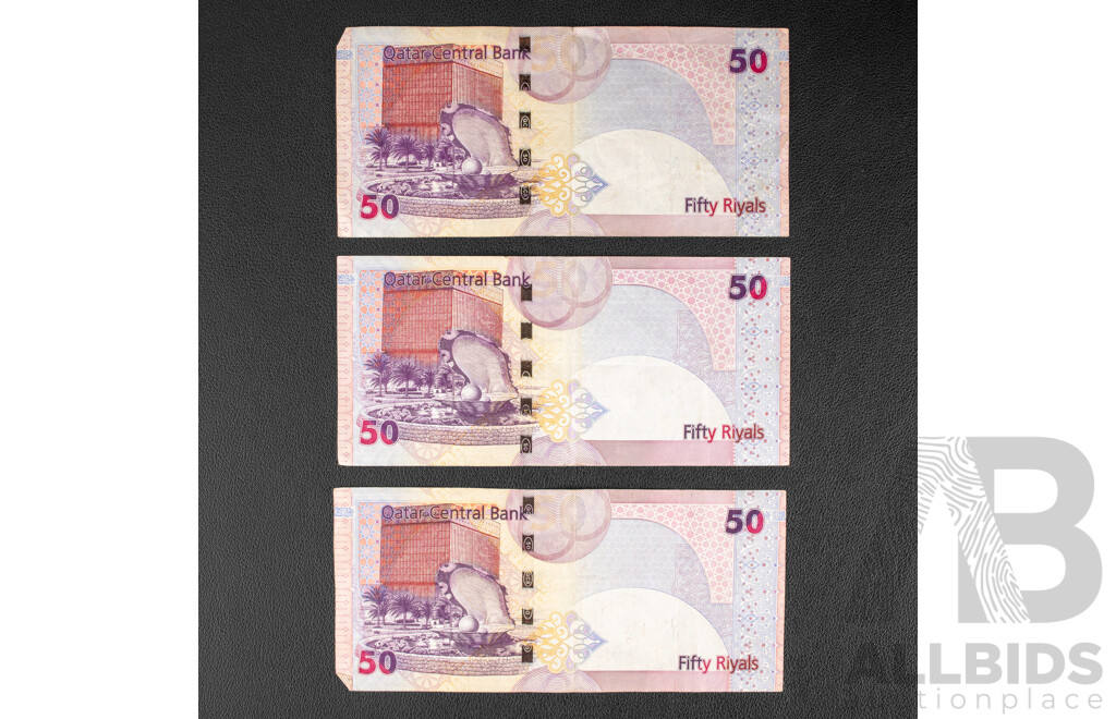Three Qatar Fifty Riyals Notes