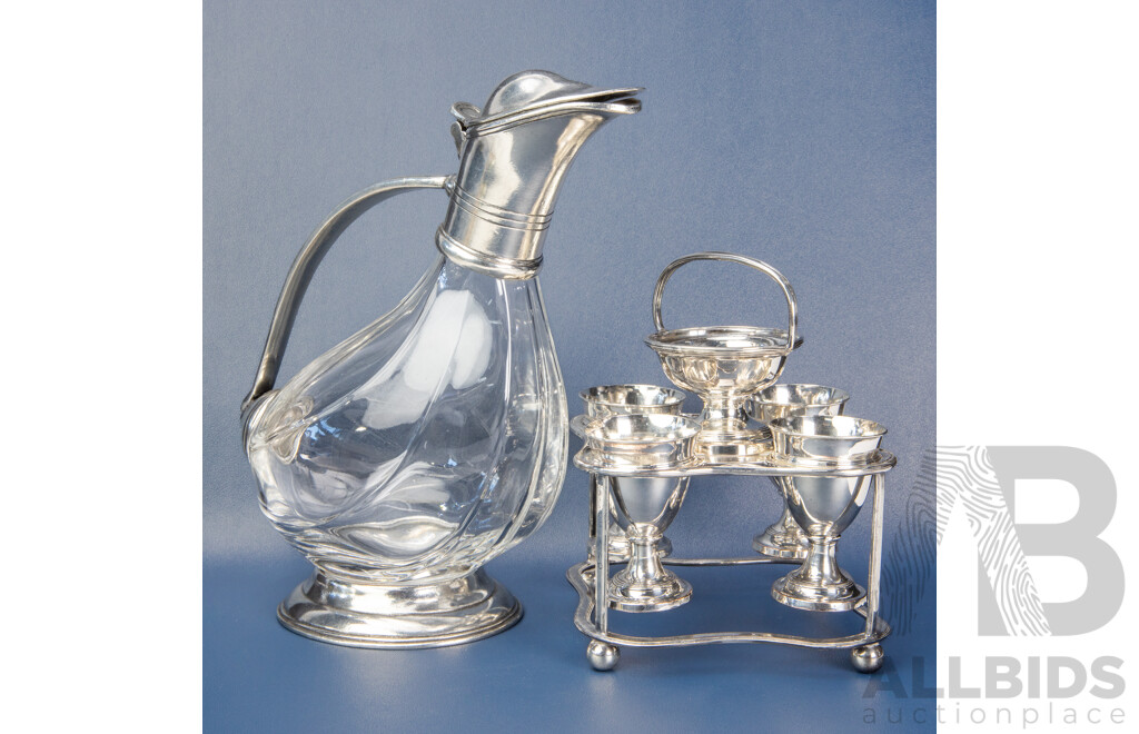 Vintage Glass Decanter with Silver-Plated Cruet Set for Four