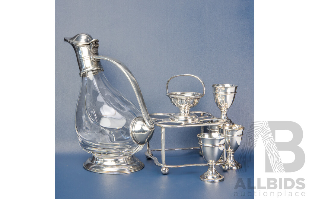 Vintage Glass Decanter with Silver-Plated Cruet Set for Four