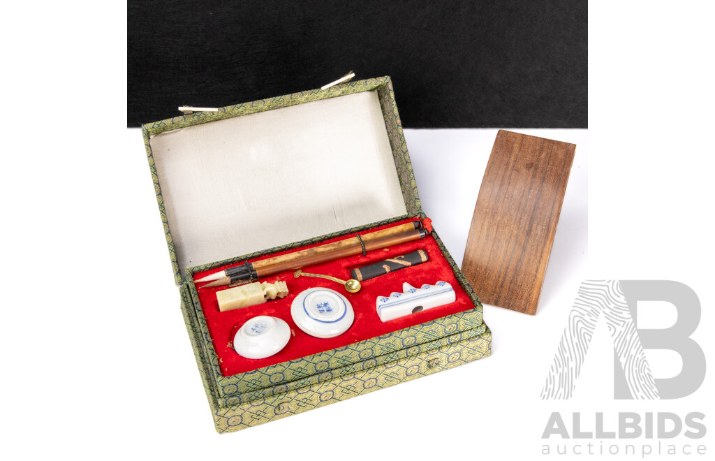Chinese Calligraphy Set in Fabric Presentation Box - Includes Carved Wooden Ink Blotter and Accessories