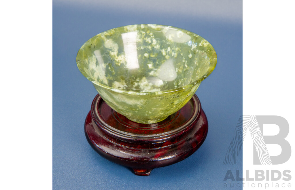 Vintage Chinese Spinach Jade Bowl on Stand
