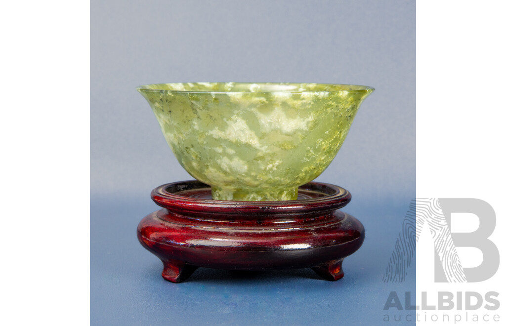 Vintage Chinese Spinach Jade Bowl on Stand