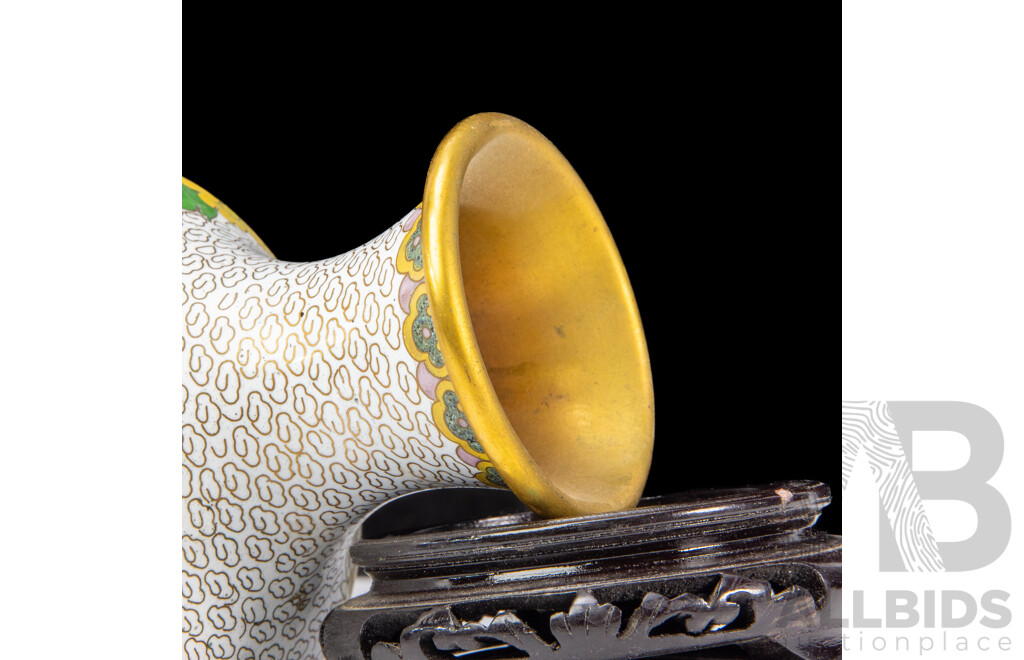 Pair of White Vintage Chinese Cloisonné Enamel Vases with Display Stands