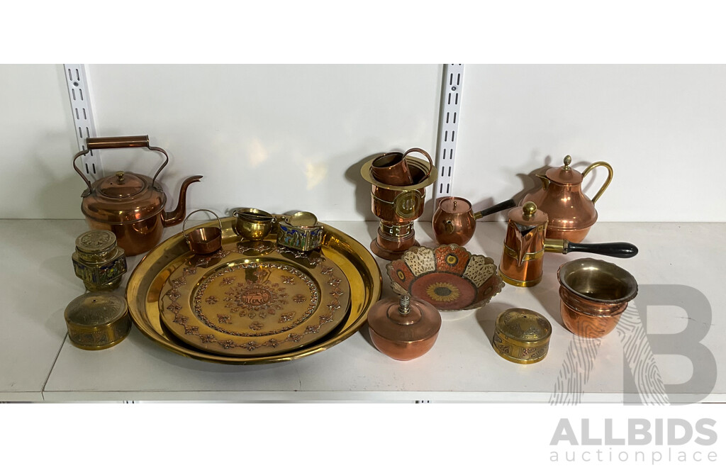 18 Piece Brass and Copper Kitchenware Collection, Including Kettles, Platters and Other Assorted Smalls