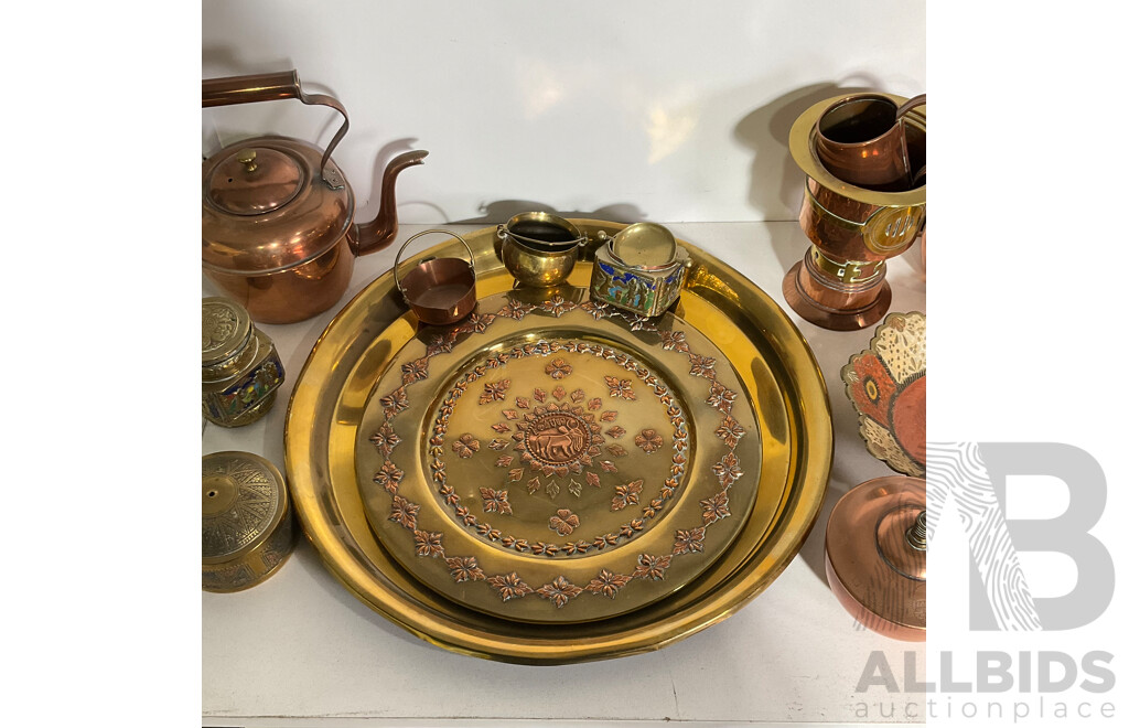 18 Piece Brass and Copper Kitchenware Collection, Including Kettles, Platters and Other Assorted Smalls