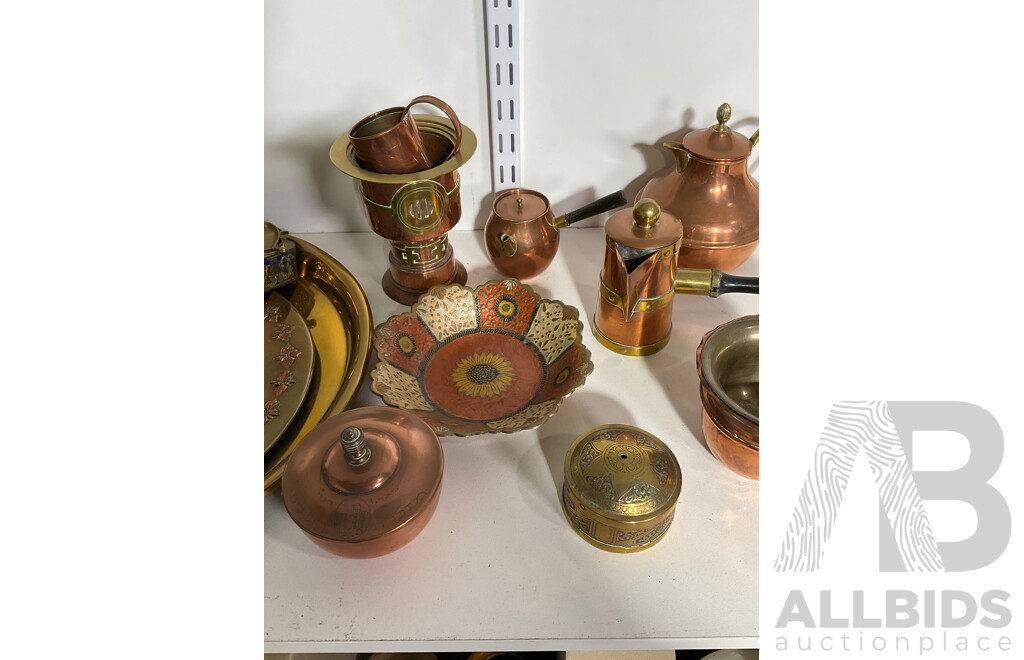 18 Piece Brass and Copper Kitchenware Collection, Including Kettles, Platters and Other Assorted Smalls