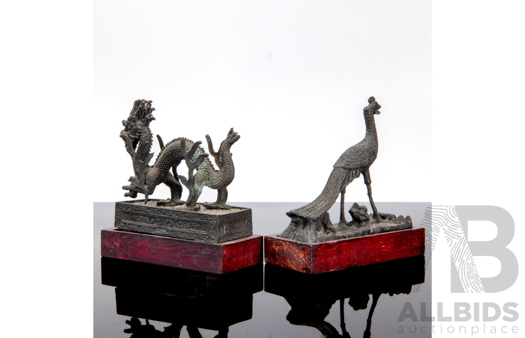 Bronze Three-Clawed Dragon and Peacock Figures on Bases