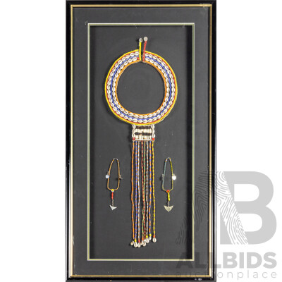 Traditional Vintage African Maasai Wedding Beaded Collar Necklace [Enkarewa] and Pair of Bracelets, 85H x 46W cm (frame)