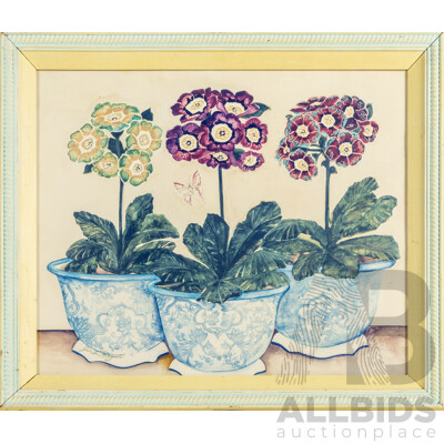 Gwenda McDougall (20th Century, Australian, 1937-), Auricula Indigo and Chinoiserie, Quality Reproduction Colour Print, 44H x 52W cm (frame)