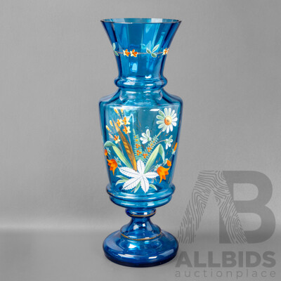 Victorian Hand Painted Blue Glass Vase