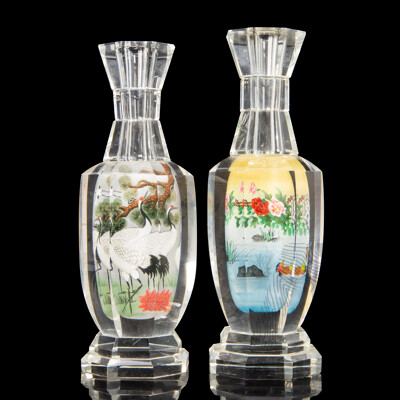 Pair of Chinese Glass Candle Sticks with Painted Landscape Interior