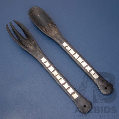 Pair of Vintage Mango Wood Salad Severs with Mother of Pearl Inlay