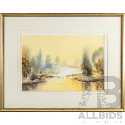 Boris Franco (20th Century, Australian), Morning Glow on the River, Original Vintage Watercolour, 66H x 83W cm (frame)