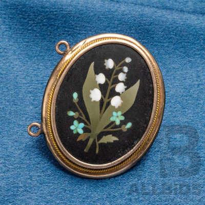 Vintage Victorian Pietra Dura Gold Brooch - 6.86gms
