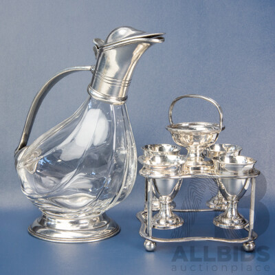 Vintage Glass Decanter with Silver-Plated Cruet Set for Four