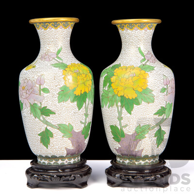 Pair of White Vintage Chinese Cloisonné Enamel Vases with Display Stands