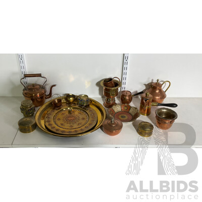 18 Piece Brass and Copper Kitchenware Collection, Including Kettles, Platters and Other Assorted Smalls