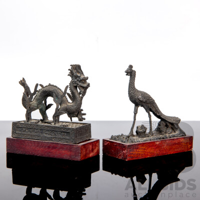 Bronze Three-Clawed Dragon and Peacock Figures on Bases
