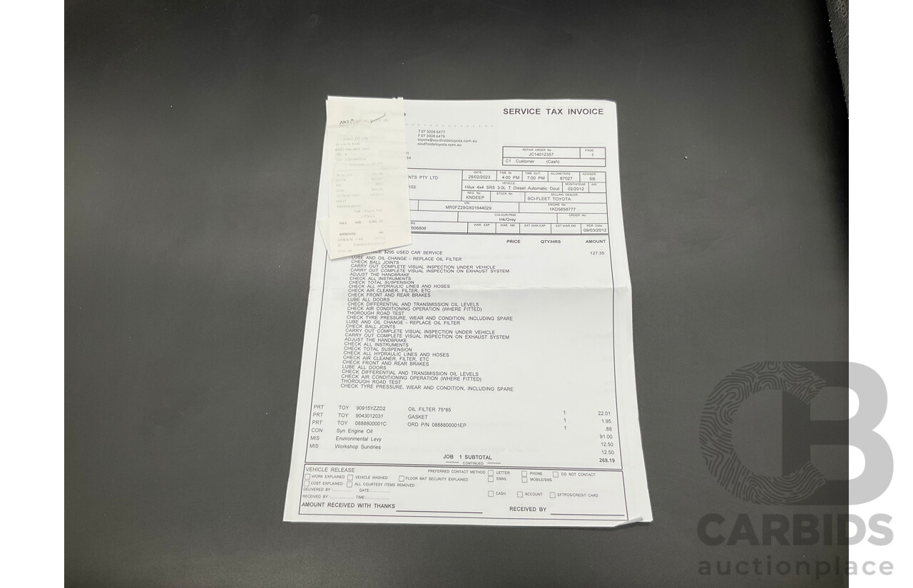 2/2012 Toyota Hilux SR5 (4x4) KUN26R MY12 Dual Cab P/Up Black Mica Turbo Diesel 3.0L