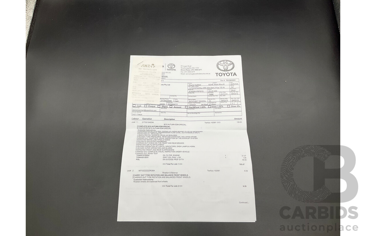 2/2012 Toyota Hilux SR5 (4x4) KUN26R MY12 Dual Cab P/Up Black Mica Turbo Diesel 3.0L