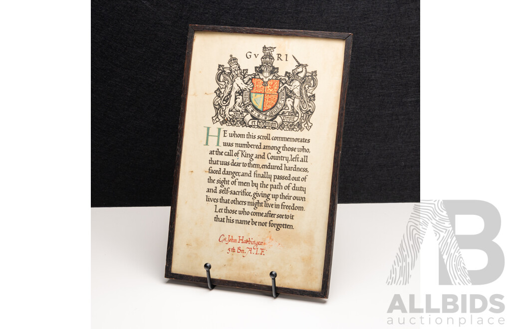Framed World War I Memorial Scroll