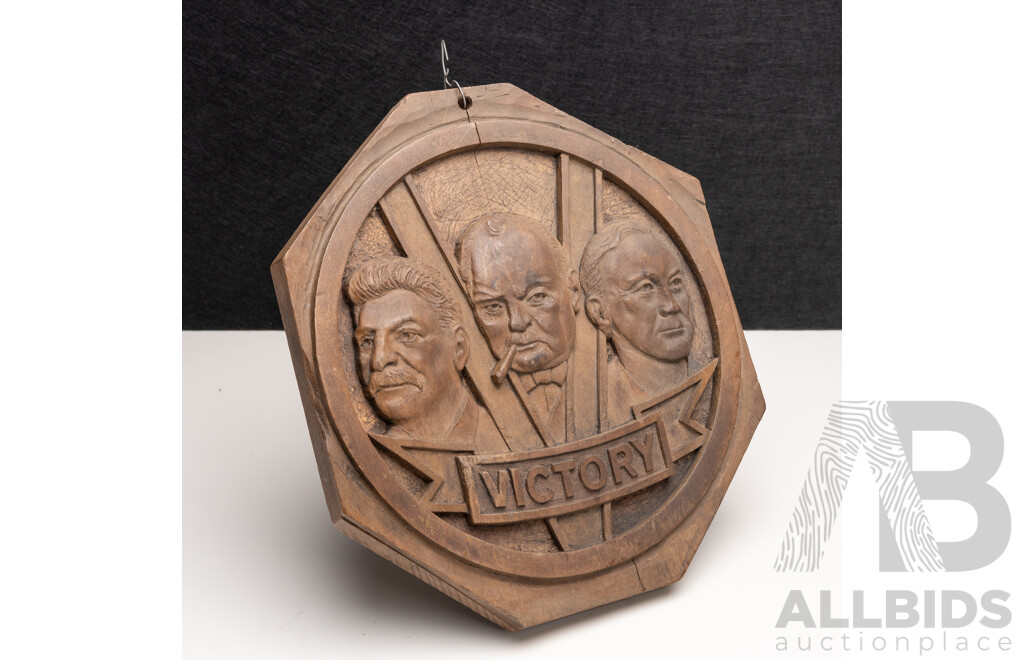 Vintage Wooden Commemorative Allied Leaders Wall Plaque