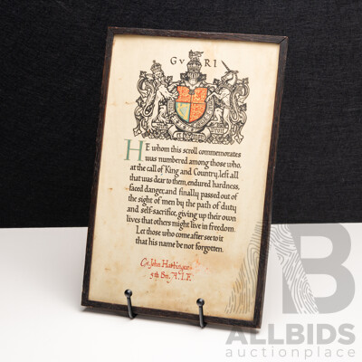 Framed World War I Memorial Scroll