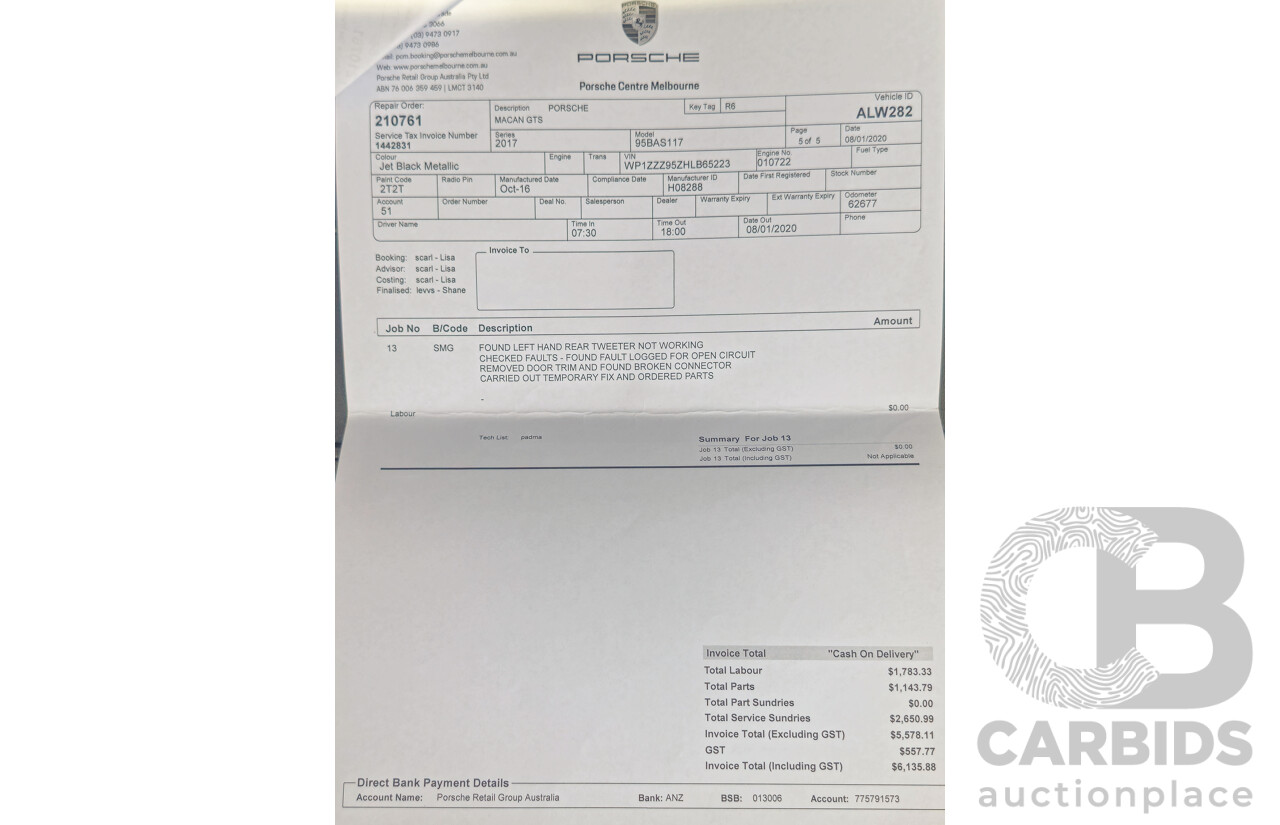 12/2016 Porsche Macan GTS (AWD) 95B MY17 4D Wagon Jet Black Metallic Twin Turbo V6 3.0L