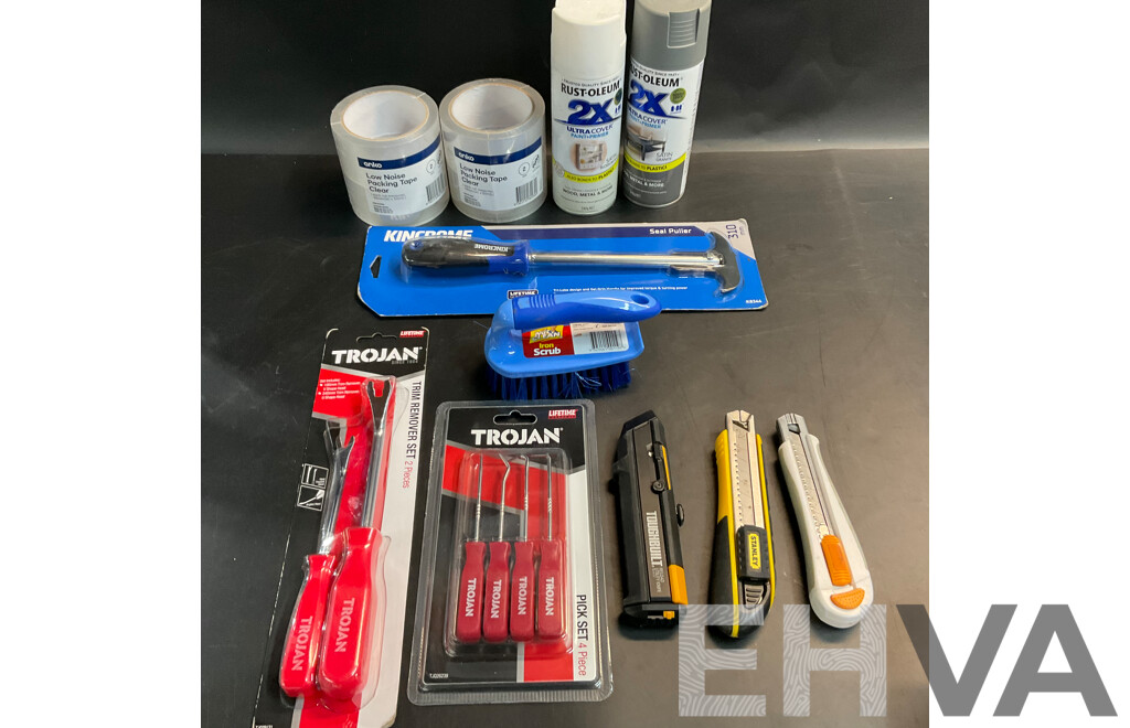 Assorted Hand Tools & Anko Packing Tape & 2 Cans of Spray Paint
