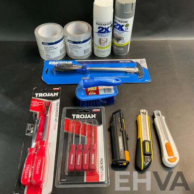 Assorted Hand Tools & Anko Packing Tape & 2 Cans of Spray Paint