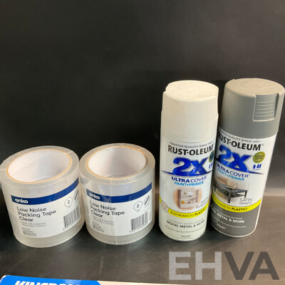 Assorted Hand Tools & Anko Packing Tape & 2 Cans of Spray Paint