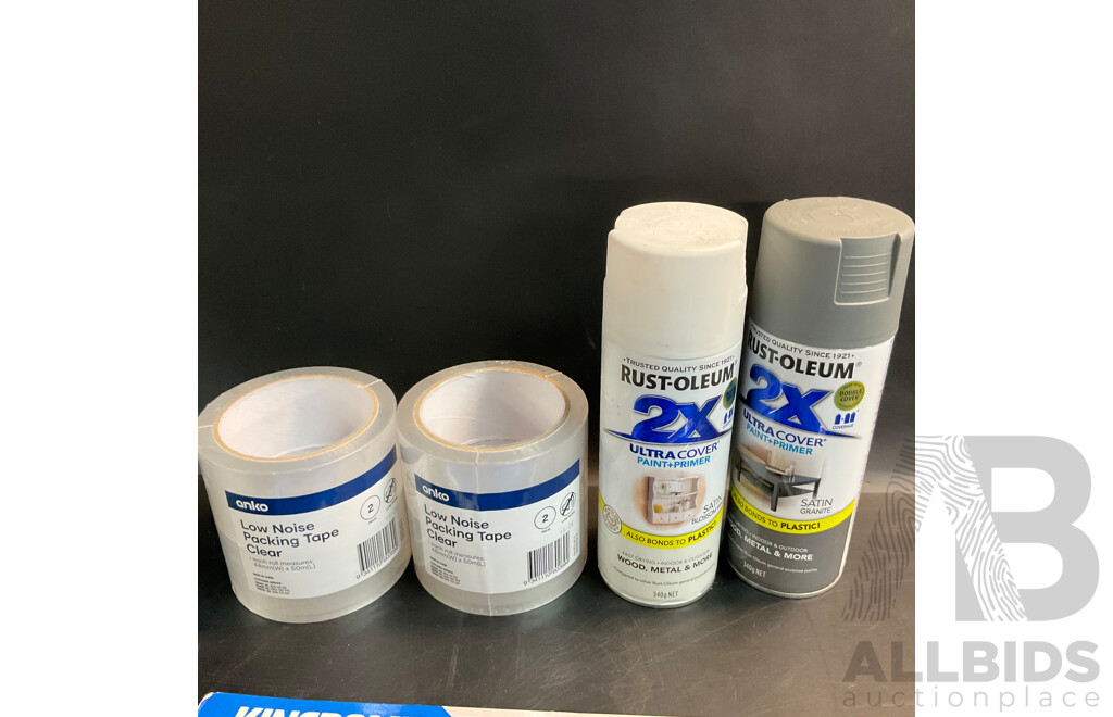 Assorted Hand Tools & Anko Packing Tape & 2 Cans of Spray Paint