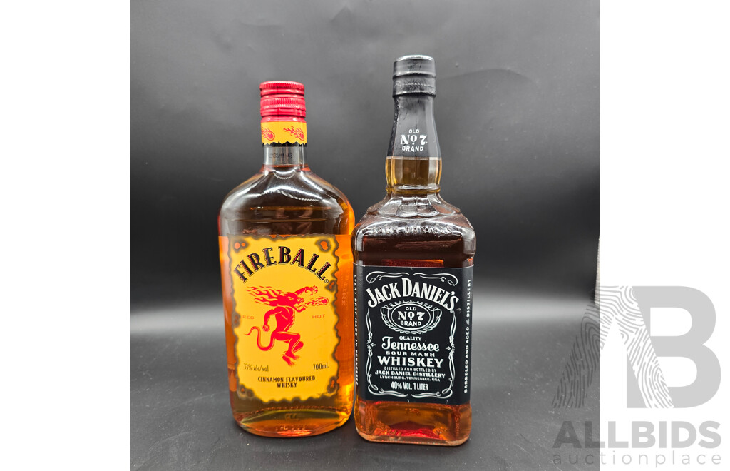 Fireball Cinnamon Flavoured Whisky 700ml & Jack Daniel's Whiskey 1L - Lot of 2