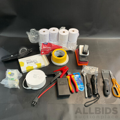 Mixed Lot Includes Stationery Items, Tools, Labels, Power Banks