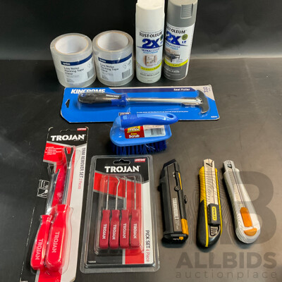 Assorted Hand Tools & Anko Packing Tape & 2 Cans of Spray Paint