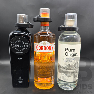 Gordon's Mediterranean Orange &  Scapegrace Black Gin & Pure Origin Dry Gin - 700ml - Lot of 3