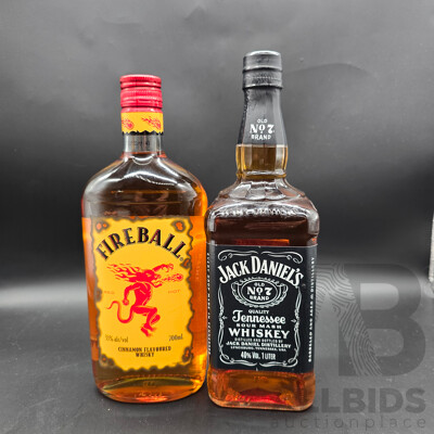 Fireball Cinnamon Flavoured Whisky 700ml & Jack Daniel's Whiskey 1L - Lot of 2