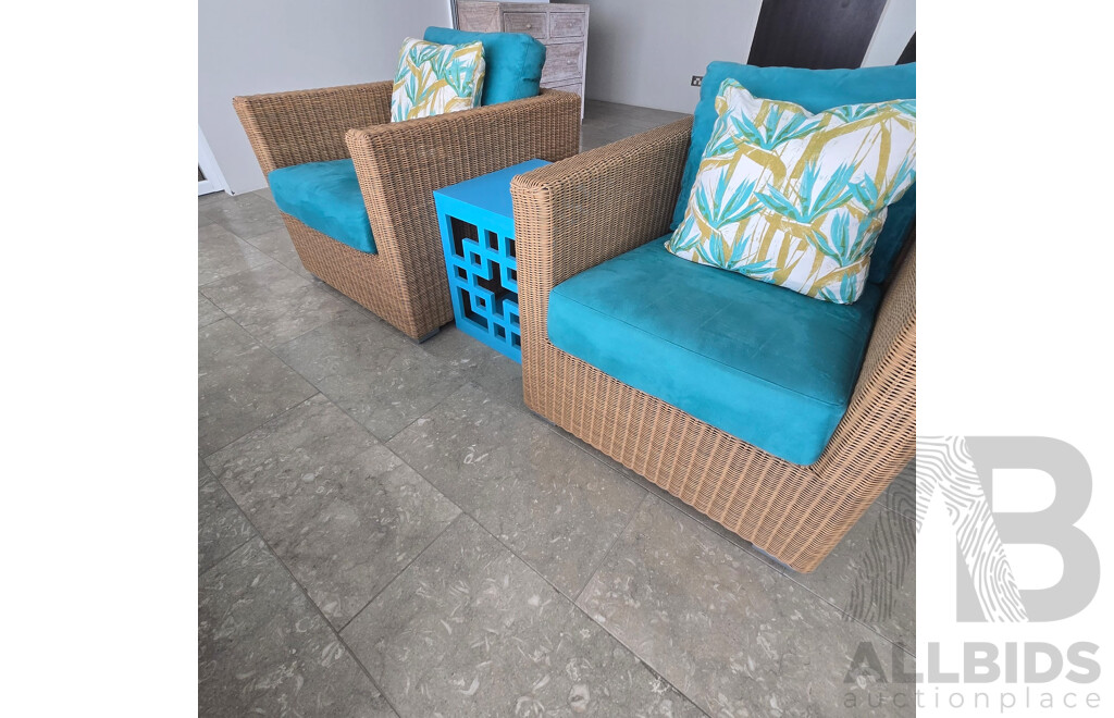 Contents of Middle Room Including Sofa Bed, Coffee Table/TV Stand, Lounge Chairs with 2 X Teal Side Tables, Teal Screen, Cushions and Throw Rug