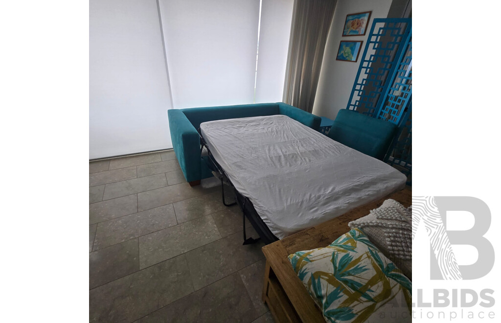 Contents of Middle Room Including Sofa Bed, Coffee Table/TV Stand, Lounge Chairs with 2 X Teal Side Tables, Teal Screen, Cushions and Throw Rug
