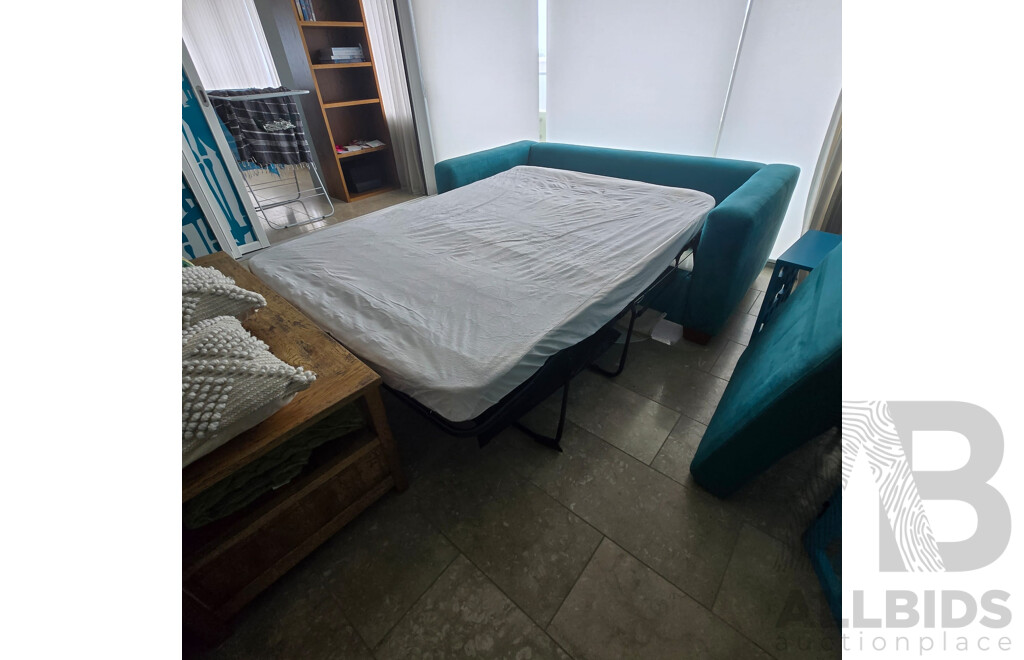 Contents of Middle Room Including Sofa Bed, Coffee Table/TV Stand, Lounge Chairs with 2 X Teal Side Tables, Teal Screen, Cushions and Throw Rug