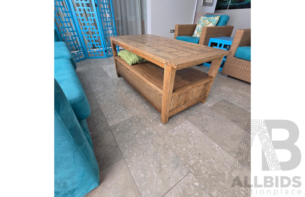 Contents of Middle Room Including Sofa Bed, Coffee Table/TV Stand, Lounge Chairs with 2 X Teal Side Tables, Teal Screen, Cushions and Throw Rug