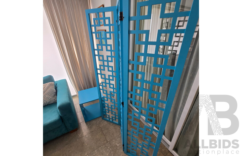 Contents of Middle Room Including Sofa Bed, Coffee Table/TV Stand, Lounge Chairs with 2 X Teal Side Tables, Teal Screen, Cushions and Throw Rug