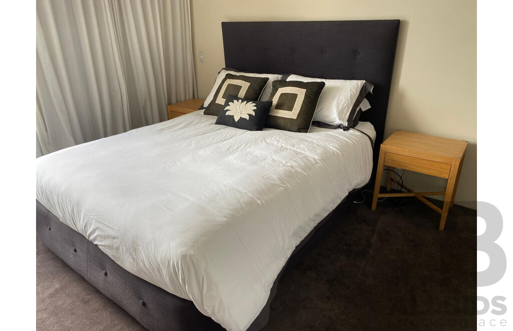 Queensize Bed, Chocolate Fabric Base and Headboard and All Linen and Bedside Tables..