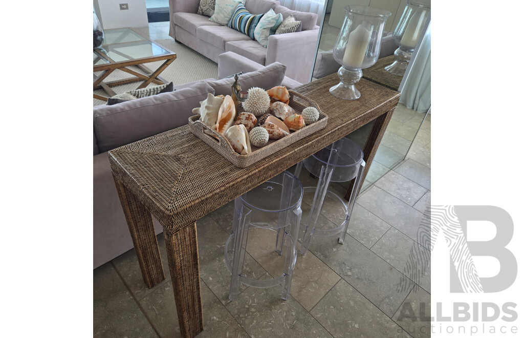 Cane Furniture Including 2 X Console Tables, 4 Drawer Chest, Entrance Way Mirror, 2 X Ghost Chairs, 2 X Ghost Stools and Various Decor