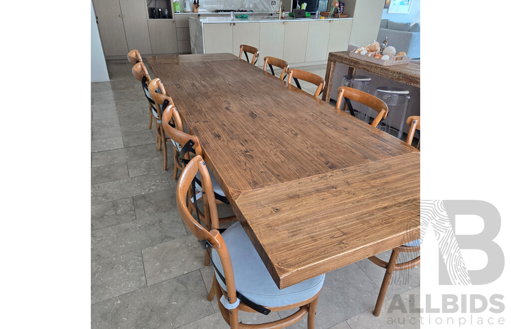 Stunning Eleven Piece Solid Modern Mahogany Dining Setting with Metal and Timber Cross Frame Chairs with Seafoam Coloured Cushions