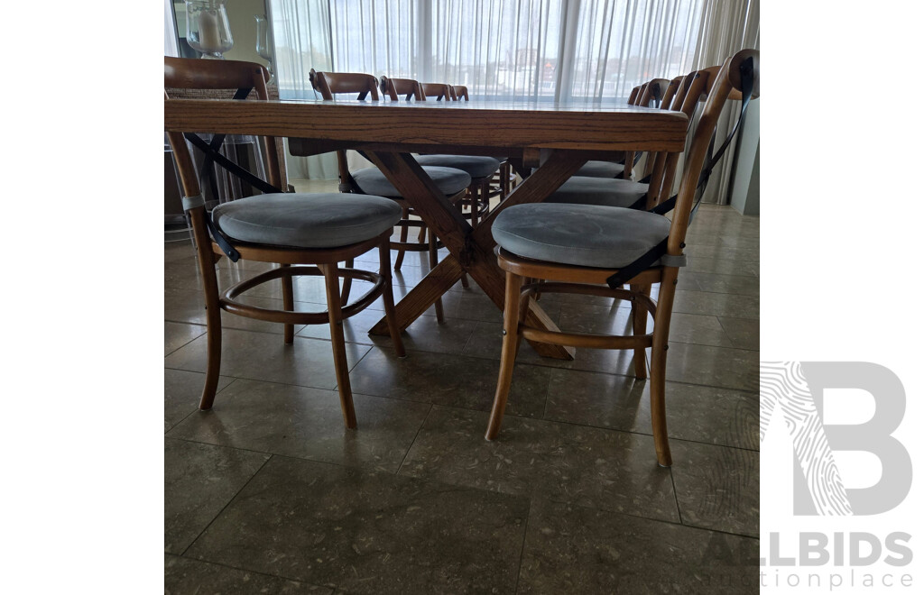 Stunning Eleven Piece Solid Modern Mahogany Dining Setting with Metal and Timber Cross Frame Chairs with Seafoam Coloured Cushions