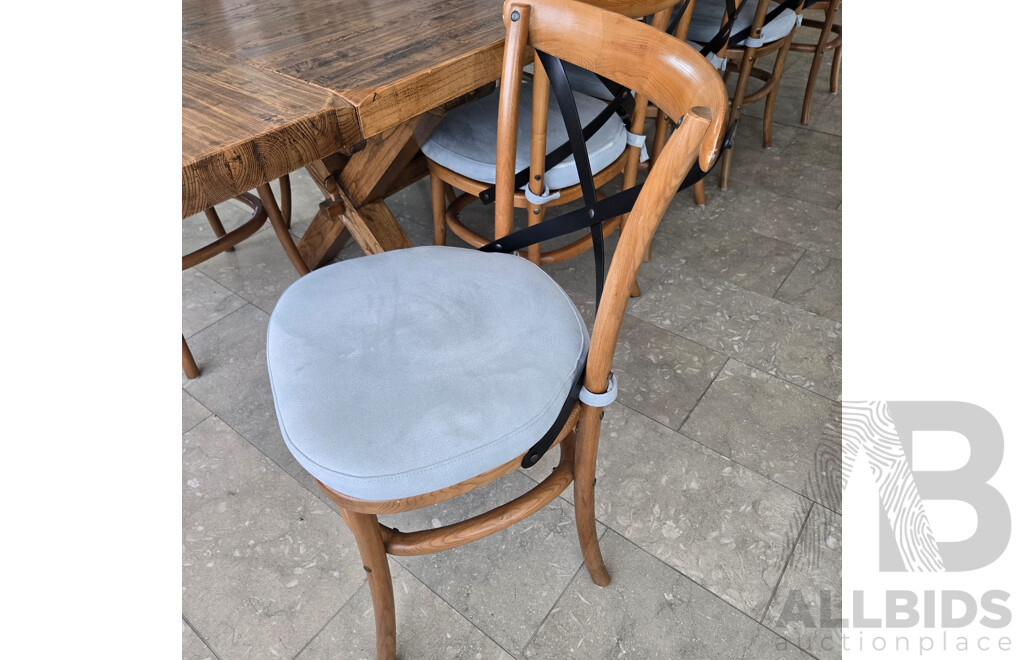 Stunning Eleven Piece Solid Modern Mahogany Dining Setting with Metal and Timber Cross Frame Chairs with Seafoam Coloured Cushions