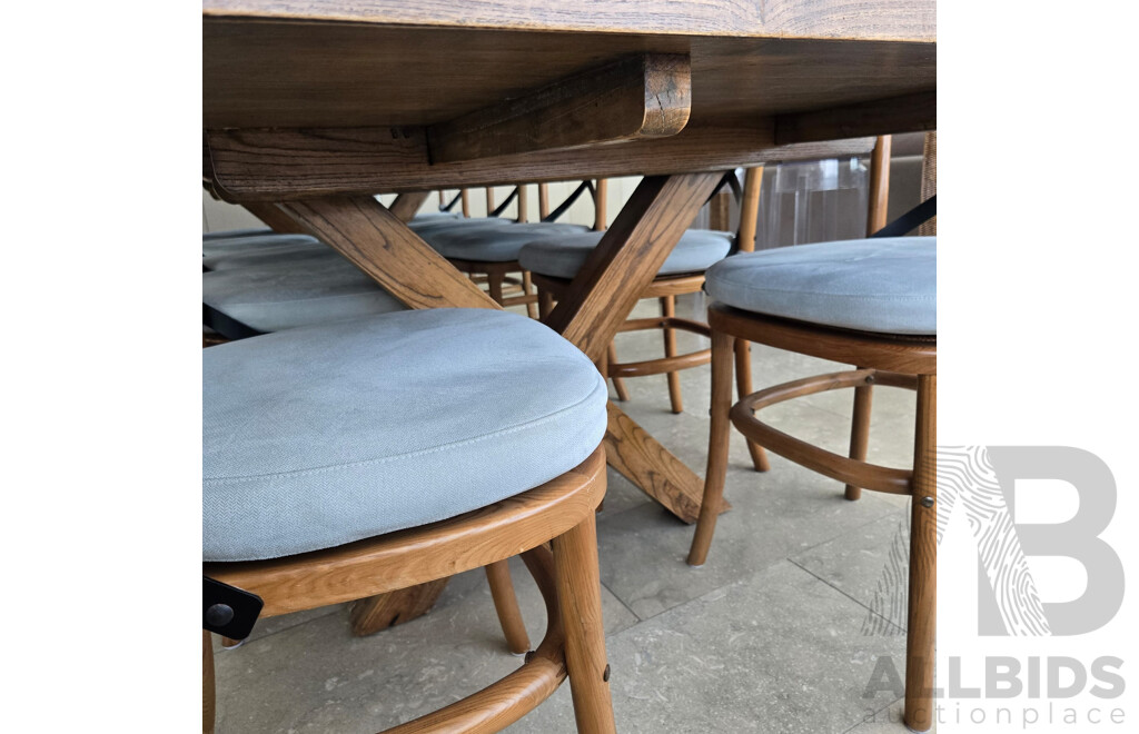 Stunning Eleven Piece Solid Modern Mahogany Dining Setting with Metal and Timber Cross Frame Chairs with Seafoam Coloured Cushions